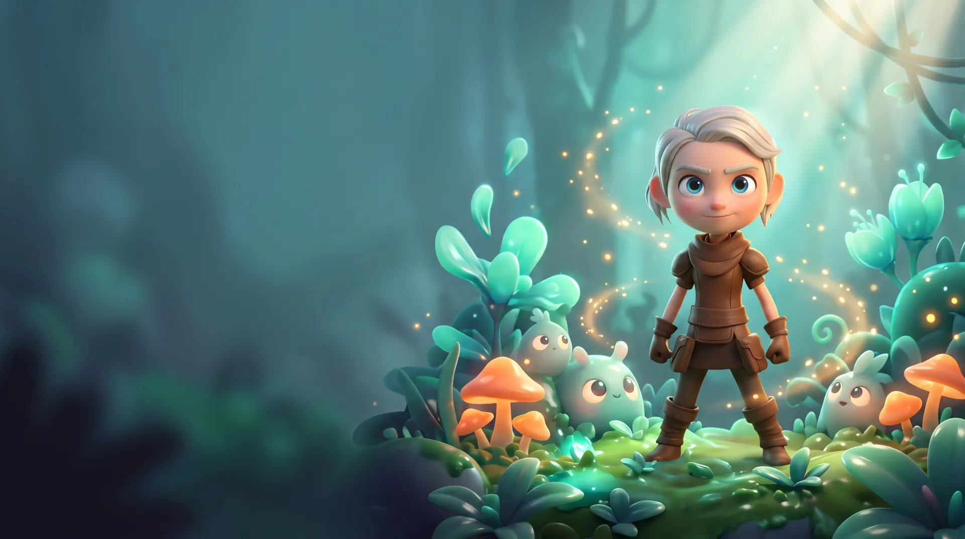 Young adventurer standing in a glowing enchanted forest